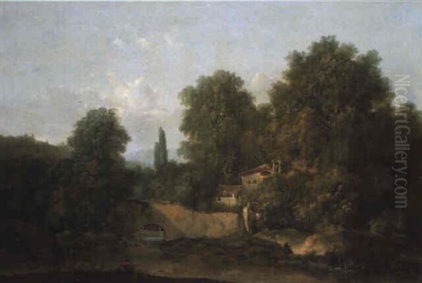 Paysage Avec Un Pecheur Au Bord D'une Riviere Oil Painting by Louis Gabriel Moreau the Elder