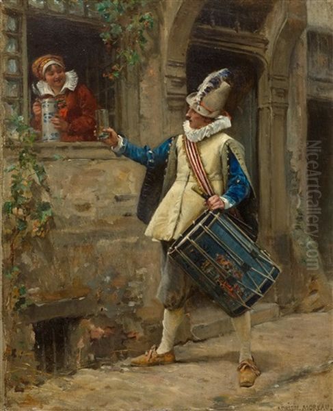 A Drummer Receives A Glass Of Water From A Lady At A Window Oil Painting by Adrien Moreau