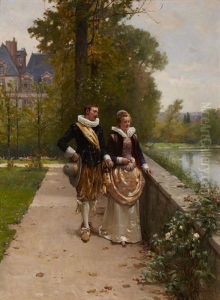 Elegant Figures Strolling In The Park Oil Painting by Adrien Moreau