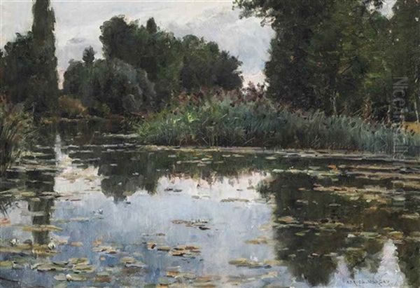 The Lily Pond Oil Painting by Adrien Moreau