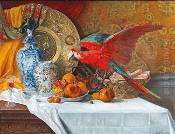 Large Still Life With Parrot Oil Painting by Adrien Moreau