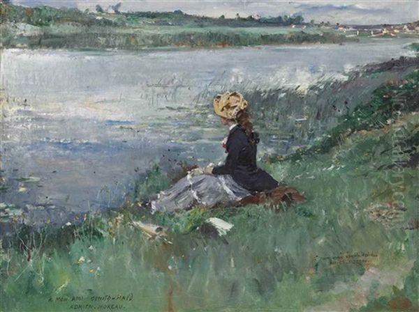 Contemplation On The Riverbank Oil Painting by Adrien Moreau