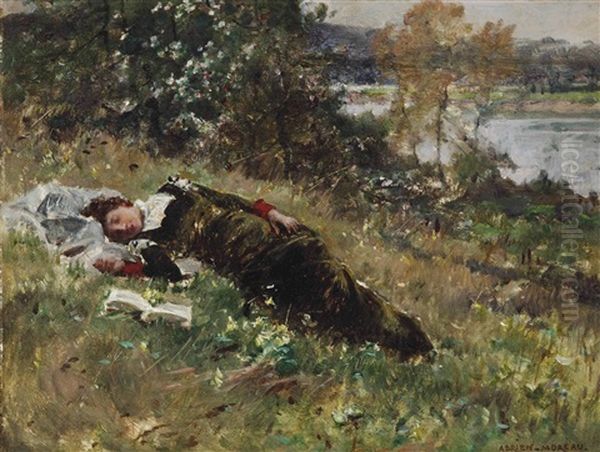 A Summer Afternoon By The River Oil Painting by Adrien Moreau