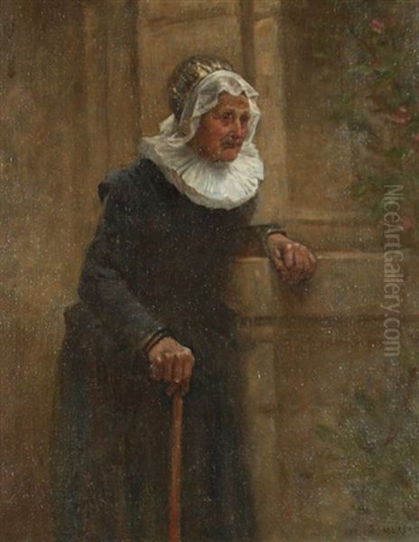 Vieille Femme S'appuyant Contre Un Muret Oil Painting by Adrien Moreau