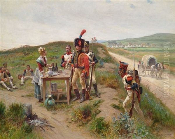 Ein Unterleutnant Der 4e Hussards Mit Dem Typischen Kalpak Und Grenadiere Eines Ligne Regiments Am Stand Einer Marketenderin Oil Painting by Adrien Moreau