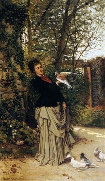 Jeune Femme Aux Pigeons Oil Painting by Adrien Moreau