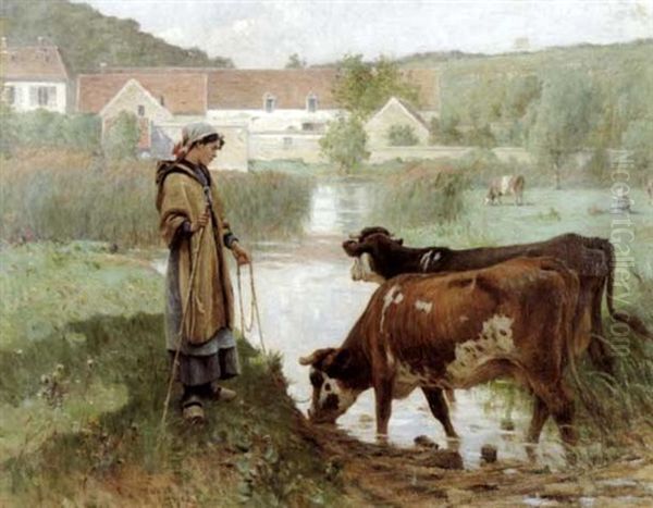 Paysanne Aux Vaches Et A La Mare Oil Painting by Adrien Moreau