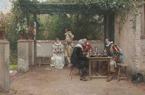 A Game Of Chess Oil Painting by Adrien Moreau