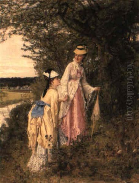 Two Ladies In A Landscape Oil Painting by Adrien Moreau