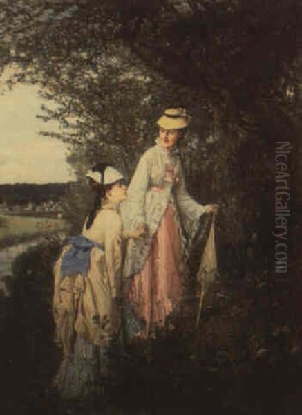 Two Women In A River Landscape Oil Painting by Adrien Moreau