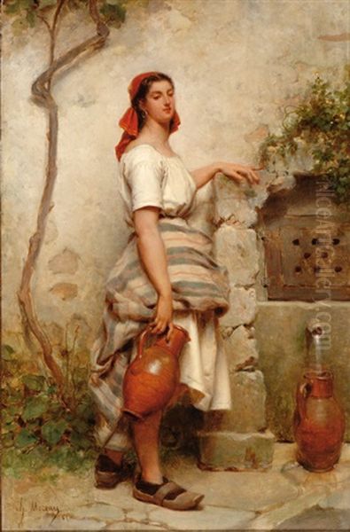 Young Woman With Water Jars By A Well Oil Painting by Charles Moreau