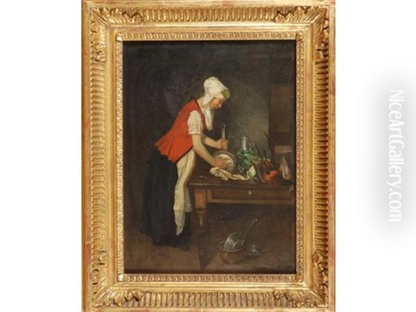 Femme Dans Sa Cuisine Oil Painting by Edouard Jean-Baptiste Moreau