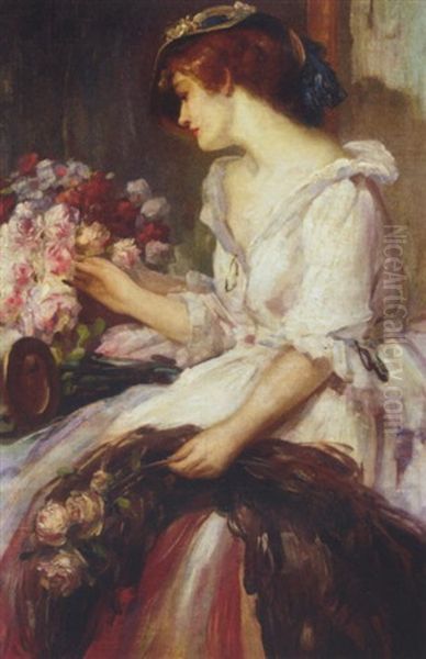 Arranging Pink Roses Oil Painting by Jean Jaques Moreau