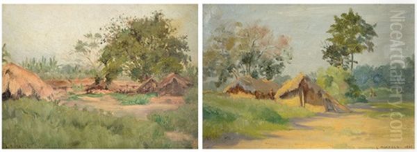 Lokondongo, Boyenghe - L'arbre Aux Ndeke, Tisserins (+ Coin De Village; 2 Works) Oil Painting by Louis Moreels