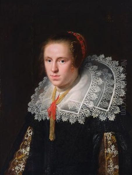 Portrait Of A Lady In A Black Velvet Dress With A Reticella Lace Collar And Brocade Sleeves Oil Painting by Paulus Moreelse