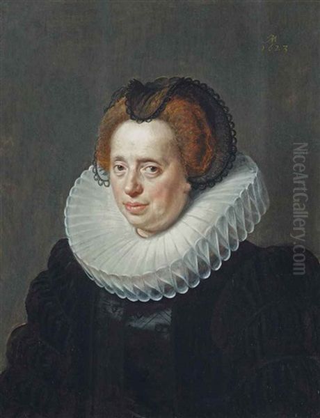 Portrait Of A Lady, Bust-length, In A Black Embroidered Dress And A Ruff by Paulus Moreelse