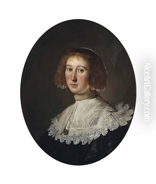 Portrait Of A Lady, Bust-length, In A Lace-trimmed Black Dress With A Pearl Necklace, Earrings And A Lace Head-dress, In A Painted Oval Oil Painting by Paulus Moreelse