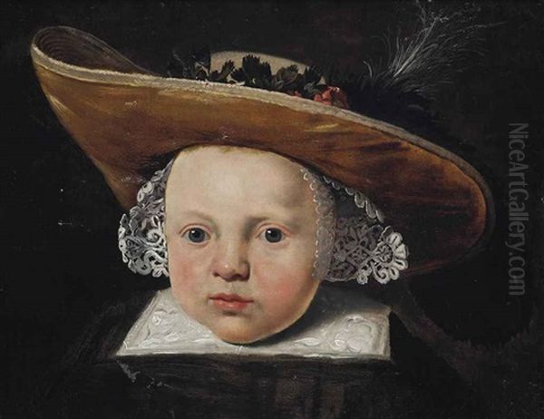 Portrait Of A Boy, Bust-length, In A Black Gown And Beige Plumed Hat With Flowers: A Fragment Oil Painting by Paulus Moreelse