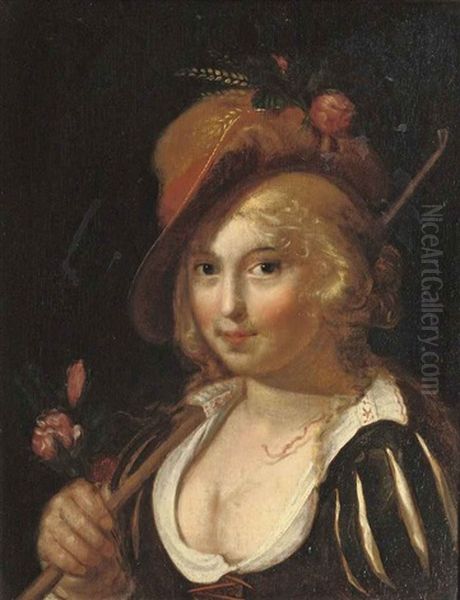 A Young Shepherdess Holding A Staff And Pink Roses In Her Hand Oil Painting by Paulus Moreelse