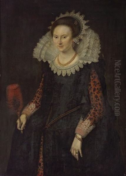 A Portrait Of A Lady Wearing A Black Overgown With An Elaborate Open Lace Ruff, Richly Embroidered Sleeves With Lace Cuffs, Holding A Fan In Her Right Hand Oil Painting by Paulus Moreelse