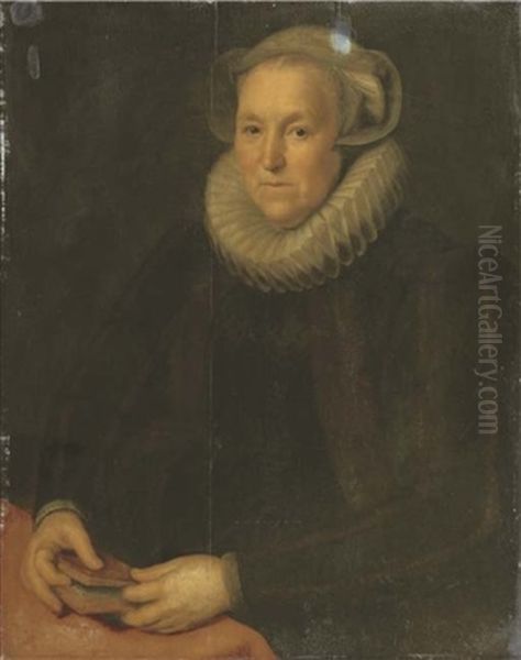 Portrait Of A Lady, Half-length, In A Black Dress And White Ruff, Seated At A Table, Holding A Book Oil Painting by Paulus Moreelse