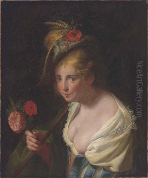 A Shepherdess Holding Flowers And A Staff Oil Painting by Paulus Moreelse