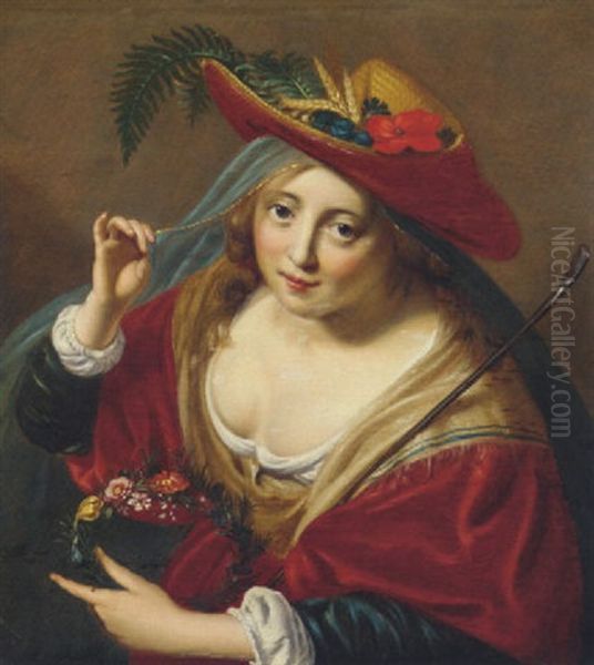 A Lady As A Shepherdess In A Straw Hat Adorned With Ears Of Corn And A Poppy, A Wreath Of Flowers And A Shepherd's Crook In Her Left Hand Oil Painting by Paulus Moreelse