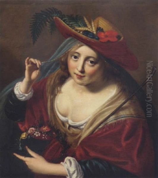 A Lady As A Shepherdess In A Straw Hat Adorned With Ears Of Corn And A Poppy, Holding A Wreath Of Flowers And A Shepherd's Crook Oil Painting by Paulus Moreelse