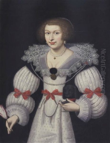 Portrait Of A Lady In A Black And White Lace Trimmed Costume With Red Ribbons Wearing Pearls, A Black Dog In Her Left Hand And A Tulip In Her Right Oil Painting by Paulus Moreelse