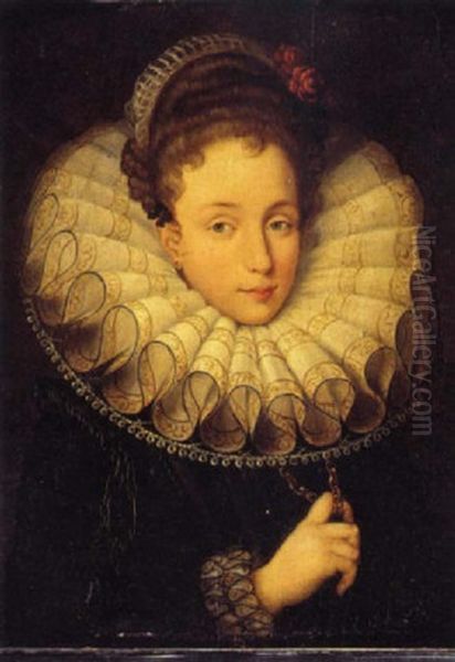 Portrait De Jeune Femme Portant Une Fraise Oil Painting by Paulus Moreelse