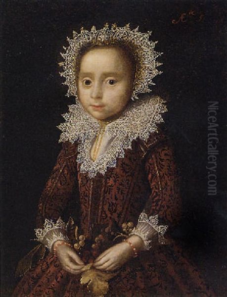 Portrait Of A Young Girl In A Red Embroidered Costume With Lace Trim And Headdress, Holding A Bunch Of Grapes Oil Painting by Paulus Moreelse