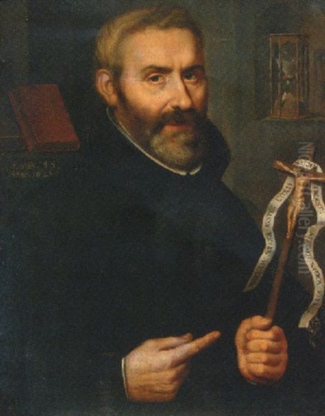 Portrait Of A Jesuit Priest (father Maximilian Van Habbeke?), Aged 45, In Black Costume And Holding A Crucifix Oil Painting by Paulus Moreelse