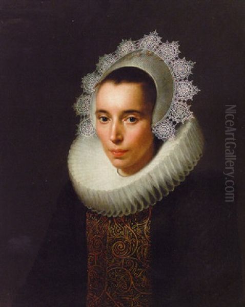 Portrait Of A Lady In A Black Dress With A Gold-embroidered Black Stomacher, In A Ruff And Lace Head-dress Oil Painting by Paulus Moreelse