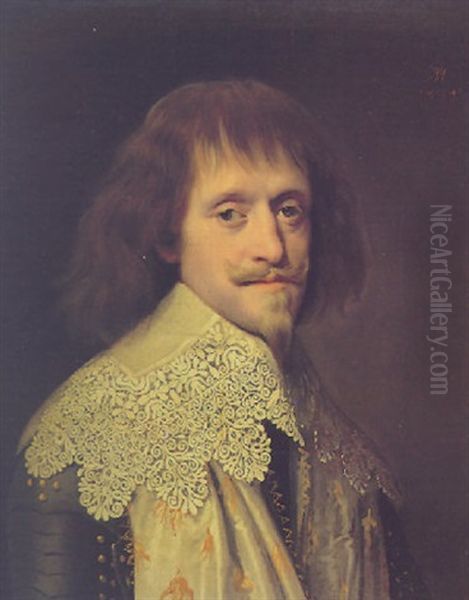 Portrait Of A Gentleman, Wearing A Lace Collar And The White Sash Of The French Regiment, With The Gold Flames Of The Saint-esprit Oil Painting by Paulus Moreelse