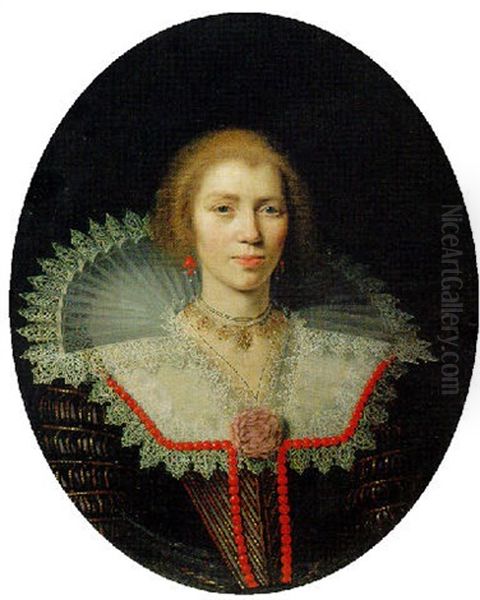 Portrait Of A Lady In A Gold-brocaded Black Dress With An Elaborate Lace Collar And Coral Beading Oil Painting by Paulus Moreelse