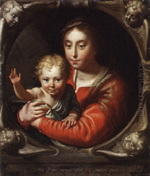 The Virgin And Child In A Feigned Stone Cartouche With Cherubs Oil Painting by Paulus Moreelse