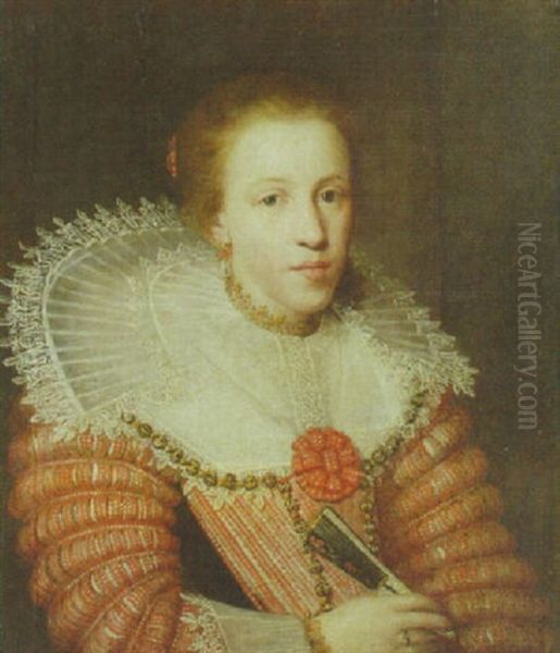 Portrait Of A Lady, Wearing A Red Dress, A Lace Ruff And Holding A Fan Oil Painting by Paulus Moreelse