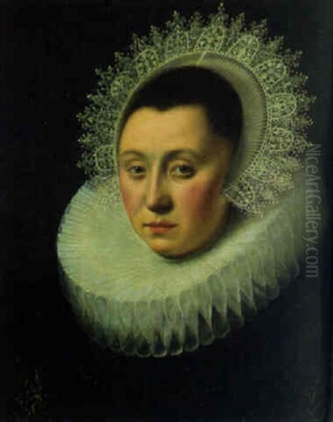 Portrait Of A Lady, Half-length, In A Black Dress With White Ruff And A Headdress Oil Painting by Paulus Moreelse