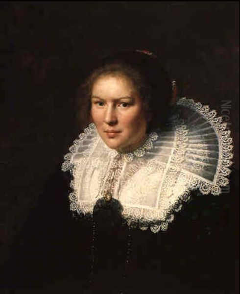 Portrait Of A Lady Wearing A Black Silk Dress And Pearls Oil Painting by Paulus Moreelse