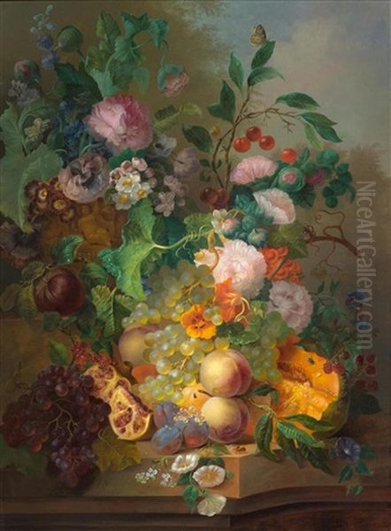 Blumenstillleben Mit Pfirsichen, Weintrauben Und Kirschen Oil Painting by Jan Evert Morel the Elder