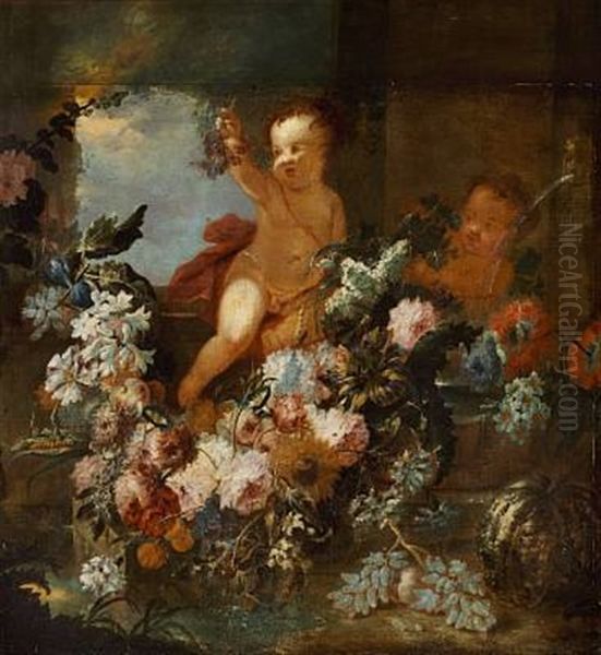 Fruit, Flowers And Putti Oil Painting by Jan Evert Morel the Elder