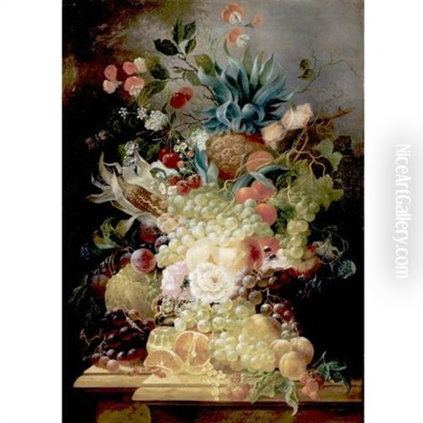 Still Life Of Various Fruits And Flowers On A Ledge Including A Pineapple And An Ear Of Corn Oil Painting by Jan Evert Morel the Elder