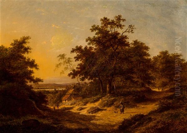 Travellers On A Forest Path In A Sunny River Landscape Oil Painting by Jan Evert Morel the Younger