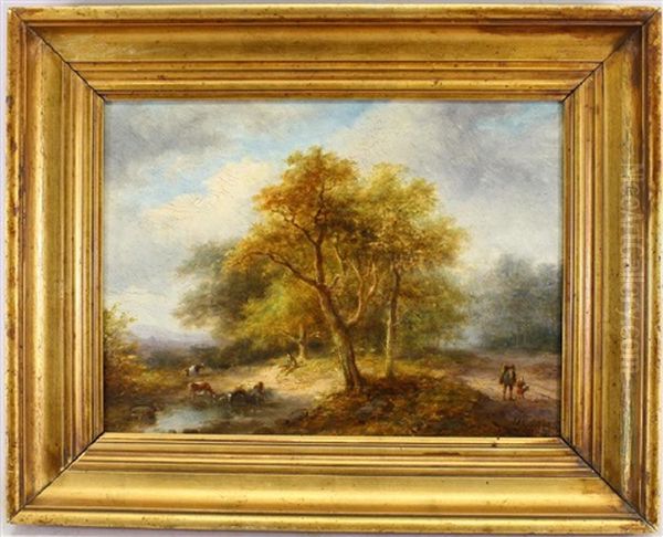 Painting Of Travelers In A Wooded Landscape With Livestock Near A Small Pool Of Water Oil Painting by Jan Evert Morel the Younger