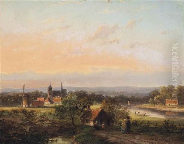 Figures Approaching A Cottage, A Town Beyond Oil Painting by Jan Evert Morel the Younger