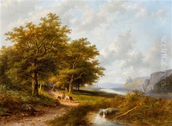 Koeherders Op Landweg In Boomrijk Rivierlandschap Oil Painting by Jan Evert Morel the Younger