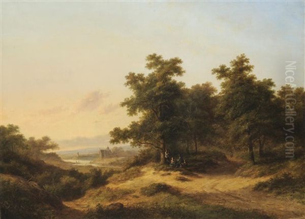 An Extensive Dutch Landscape With Figures Oil Painting by Jan Evert Morel the Younger