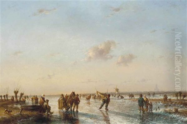 Skaters On A Dutch Waterway At Dusk Oil Painting by Jan Evert Morel the Younger