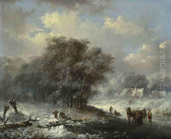 A Winterlandscape With Peasants Gathering Wood And A Horse Carriage On The Ice, A Farm Beyond by Jan Evert Morel the Younger