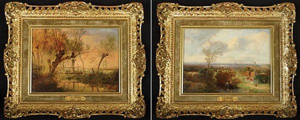 Visser Aan Een Riviertje (+ Landschap Met Rivier; Pair) Oil Painting by Jan Evert Morel the Younger